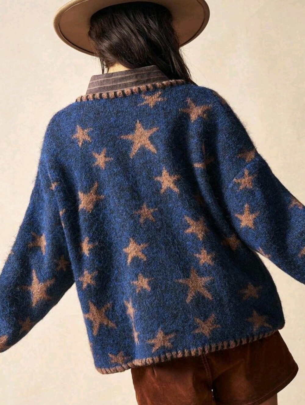 Women's Casual Star Jacquard Fuzzy Knit Cardigan,90s Retro Loose Long S - Picture 5 of 5